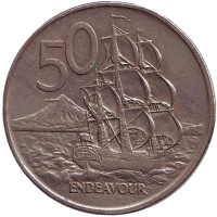 Парусник "Endeavour". Монета 50 центов, 1973 год, Новая Зеландия.