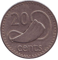 Культовый атрибут Tabua (зуб кита) на плетеном шнурке. Монета 20 центов. 1987 год, Фиджи.