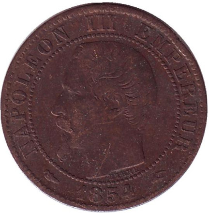 Монета 5 сантимов. 1854 год (A), Франция. Наполеон III.