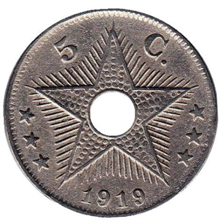 Монета 5 сантимов. 1919 год, Бельгийское Конго.
