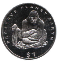 Монета 1 доллар. 1994 год, Либерия. Горилла, серия "Сохраним планету Земля". Монета 1 доллар. 1994 год, Либерия. Горилла, серия "Сохраним планету Земля".