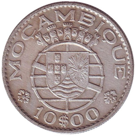 Монета 10 эскудо. 1968 год, Мозамбик в составе Португалии.