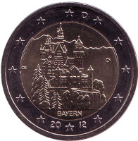 Замок Нойшванштайн в Баварии. Монета 2 евро, 2012 год, Германия. Монетный двор D.
