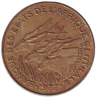 Африканские антилопы. (Западные канны). Монета 5 франков. 1977 год, Центральные Африканские штаты.