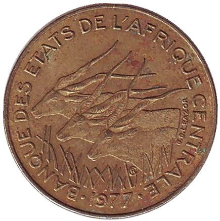 Монета 5 франков. 1977 год, Центральные Африканские штаты. Африканские антилопы. (Западные канны).