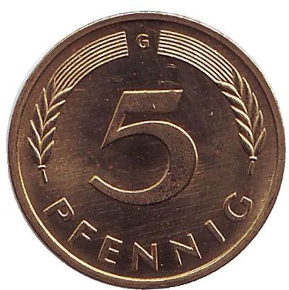 Монета 5 пфеннигов. 1978 год (G), ФРГ. UNC. Дубовые листья.