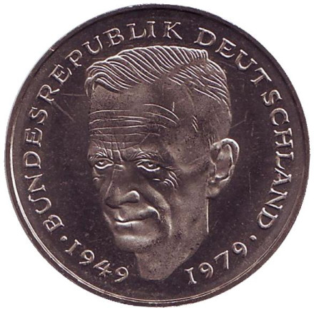 Монета 2 марки. 1983 год (G), ФРГ. UNC. Курт Шумахер.