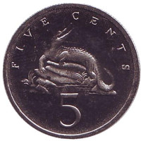 Острорылый крокодил. Монета 5 центов. 1993 год, Ямайка. 