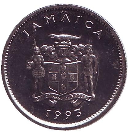 Монета 5 центов. 1993 год, Ямайка. Острорылый крокодил. Монета 5 центов. 1993 год, Ямайка. Острорылый крокодил.