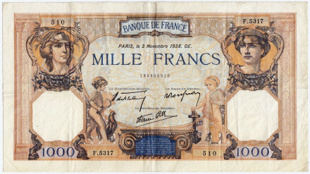 Банкнота 1000 франков. 1938 год, Франция.