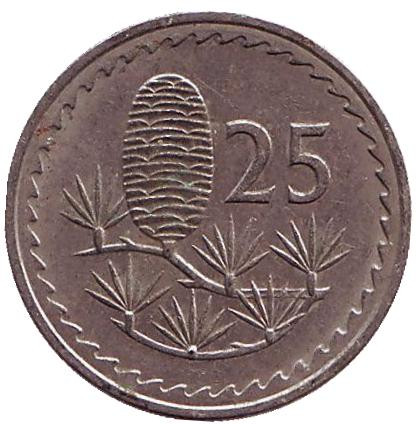 Монета 25 миллей. 1977 год, Кипр. Ливанский кедр.