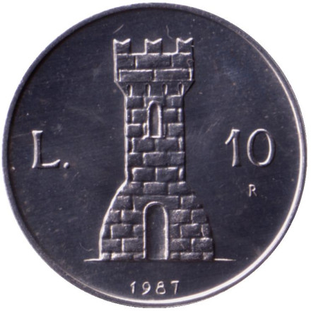 Монета 10 лир. 1987 год, Сан-Марино. 15 лет с момента возобновления чеканки.