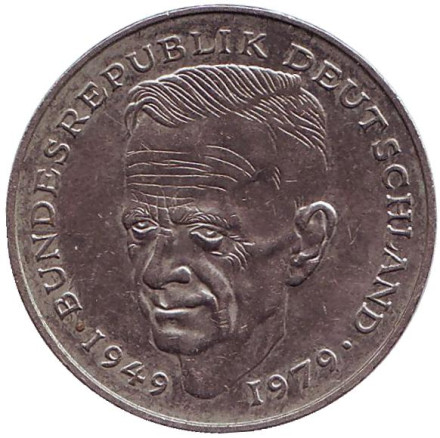 Монета 2 марки. 1989 год (D), ФРГ. Из обращения. Курт Шумахер.