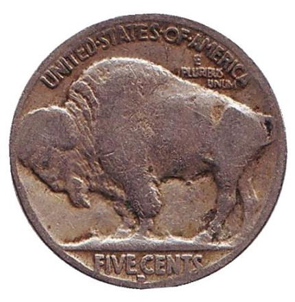 Монета 5 центов. 1929 год (D), США. Бизон. Индеец.