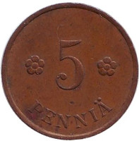 Монета 5 пенни. 1932 год, Финляндия.