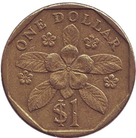 Монета 1 доллар, 1990 год, Сингапур. Барвинок.