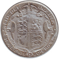 Монета 1/2 кроны. 1920 год, Великобритания. Монета 1/2 кроны. 1920 год, Великобритания.