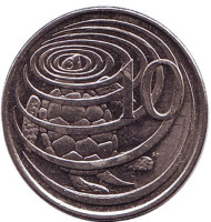 Монета 10 центов. 2002 год, Каймановы острова. Зелёная черепаха. Монета 10 центов. 2002 год, Каймановы острова. Зелёная черепаха.