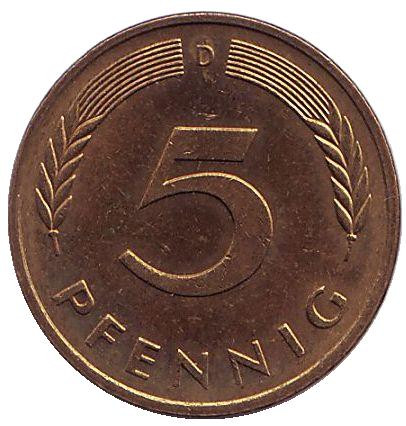 Монета 5 пфеннигов. 1989 год (D), ФРГ. Дубовые листья.