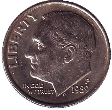 Монета 10 центов. 1989 (P) год, США. Рузвельт.