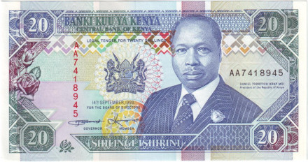 Банкнота 20 шиллингов. 1993 год, Кения.