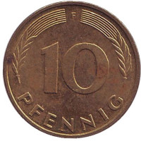 Дубовые листья. Монета 10 пфеннигов. 1996 год (F), ФРГ.
