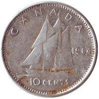 Парусник. Монета 10 центов. 1964 год, Канада.