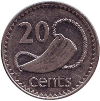 Культовый атрибут Tabua (зуб кита) на плетеном шнурке. Монета 20 центов. 1990 год, Фиджи.