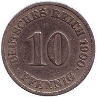 Монета 10 пфеннигов. 1900 год (J), Германская империя.