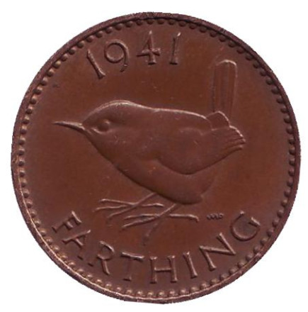 Монета 1 фартинг. 1941 год, Великобритания. Крапивник. (Птица).