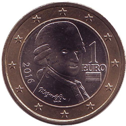 Монета 1 евро, 2016 год, Австрия. Моцарт.