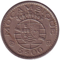 Монета 5 эскудо. 1971 год, Мозамбик в составе Португалии.