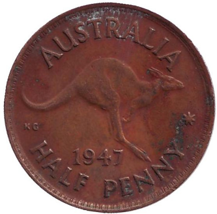 Монета 1/2 пенни. 1947 год, Австралия. Кенгуру.