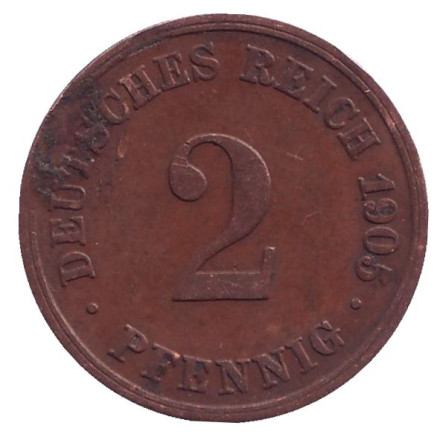 Монета 2 пфеннига. 1905 год (D), Германская империя.