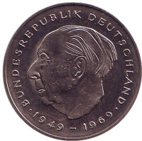 Теодор Хойс. Монета 2 марки. 1978 год (G), ФРГ. UNC.