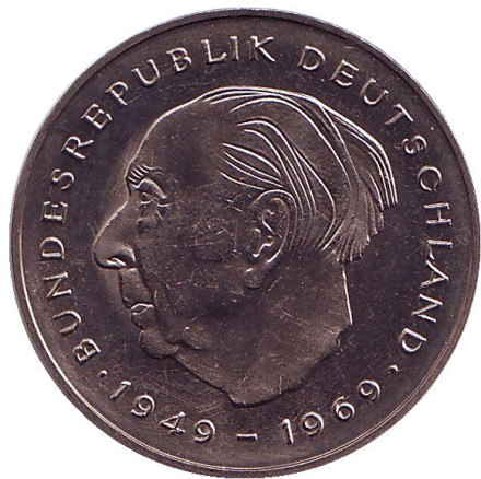 Монета 2 марки. 1978 год (G), ФРГ. UNC. Теодор Хойс.