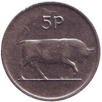 Бык. Ирландская арфа. Монета 5 пенсов. 1980 год, Ирландия.