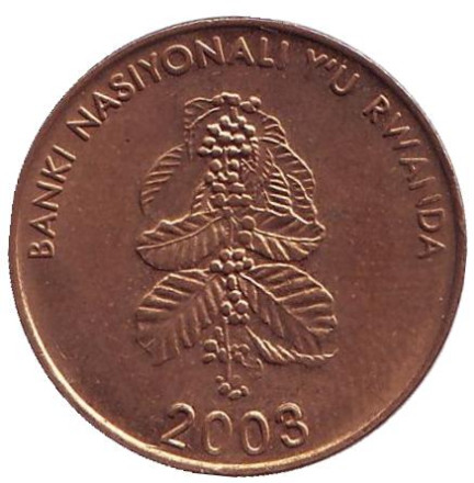 Монета 5 франков. 2003 год, Руанда. Из обращения. Цветок кофейного дерева.