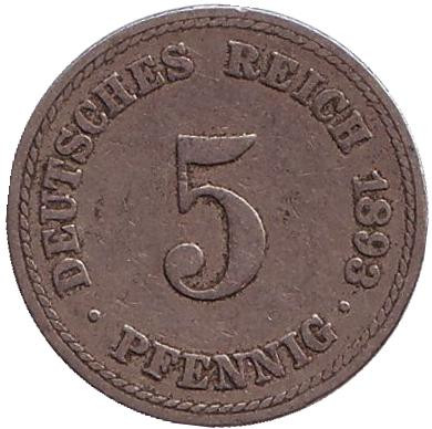 Монета 5 пфеннигов. 1893 год (A), Германская империя.
