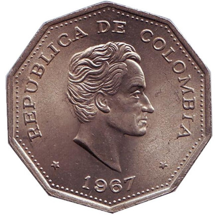 Монета 1 песо. 1967 год, Колумбия. aUNC. Симон Боливар.