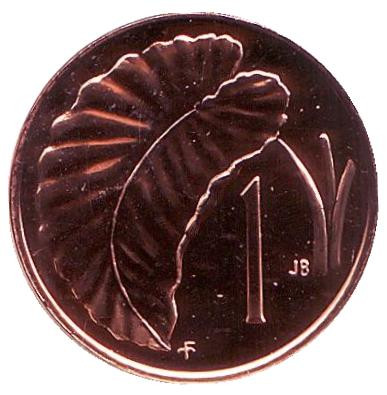 Монета 1 цент. 1975 год, Острова Кука. (Отметка монетного двора: "FM"). Лист Таро.