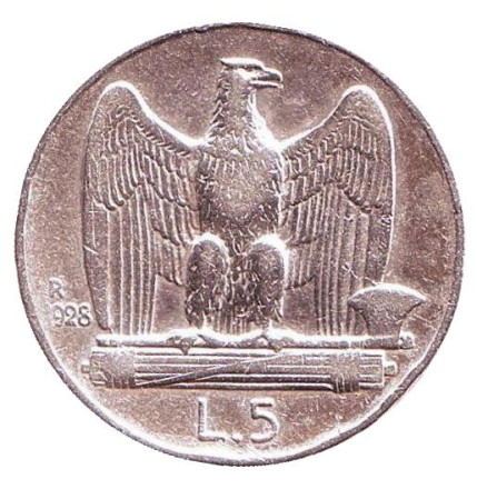 Монета 5 лир. 1928 год, Италия. Орёл.