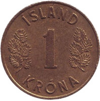 Монета 1 крона. 1970 год, Исландия. 
