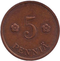 Монета 5 пенни. 1934 год, Финляндия.