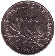 Монета 1 франк. 1999 год, Франция. Монета 1 франк. 1999 год, Франция.