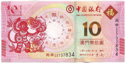 Банкнота 10 патак. 2016 год, Макао. Банк Китая. Год обезьяны.