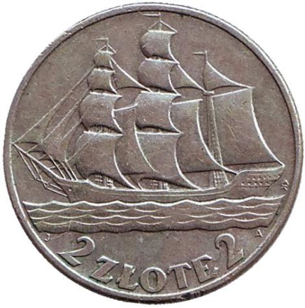 Монета 2 злотых. 1936 год, Польша. Парусник "Дар Поморья".