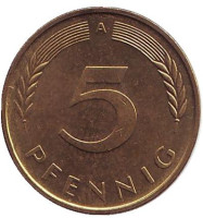 Дубовые листья. Монета 5 пфеннигов. 1990 год (A), ФРГ. 