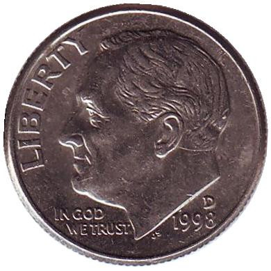 Монета 10 центов. 1998 (D) год, США. Рузвельт.