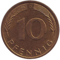 Дубовые листья. Монета 10 пфеннигов. 1996 год (G), ФРГ.